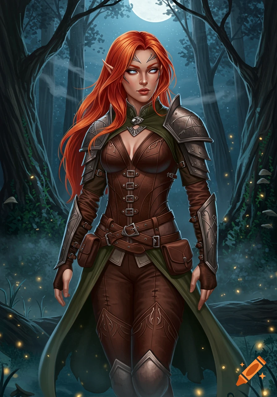 A red-haired female elf in brown and green adventuring armor stands in a dark forest under a full moon.