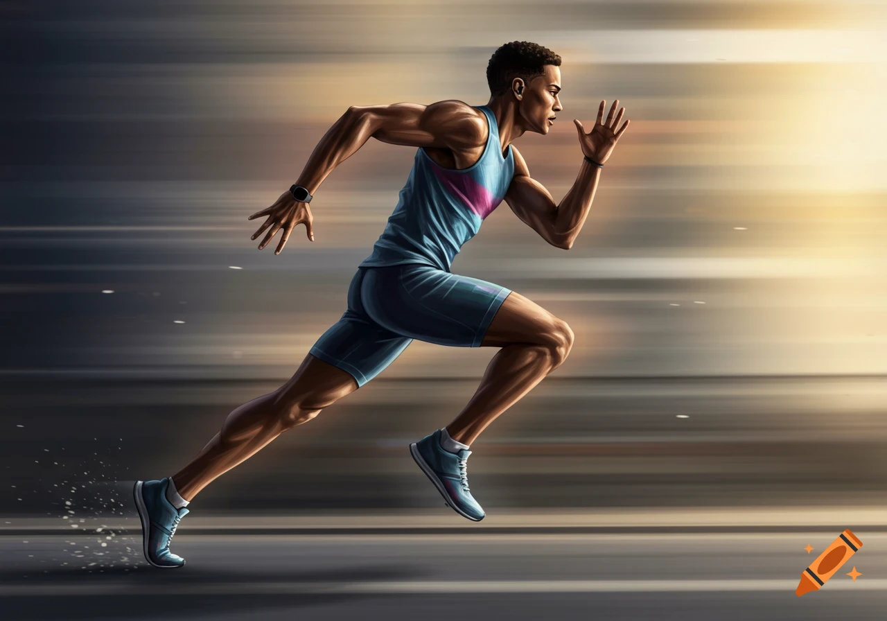 A male runner in a blue and pink athletic outfit runs at high speed with motion blur in the background.