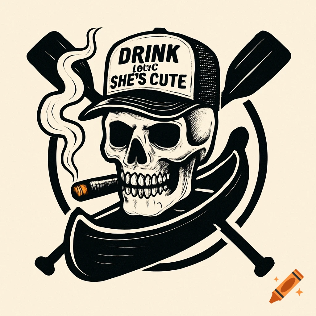 A black and white illustration of a skull wearing a trucker hat, smoking a cigar. Crossed oars and a canoe are behind it.