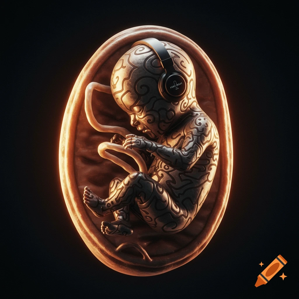 A stylized metallic fetus with intricate patterns and headphones, curled in a glowing womb against a dark background.