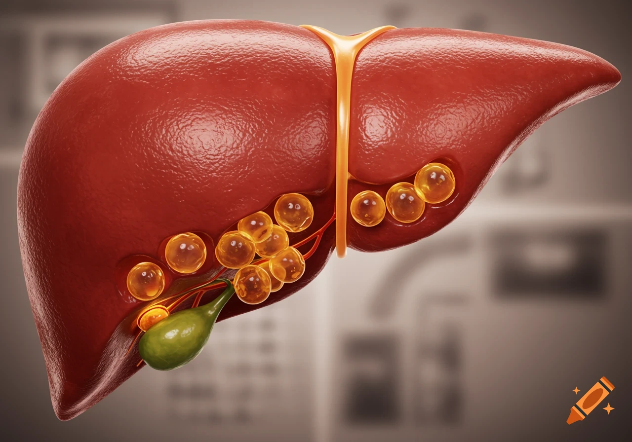 A detailed 3D medical illustration of a human liver with gallstones and a gallbladder.