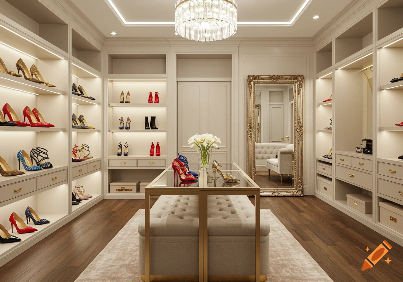 A luxurious walk-in closet with shelves filled with high heels of various colors, a central ottoman with a glass top, and a large ornate mirror.