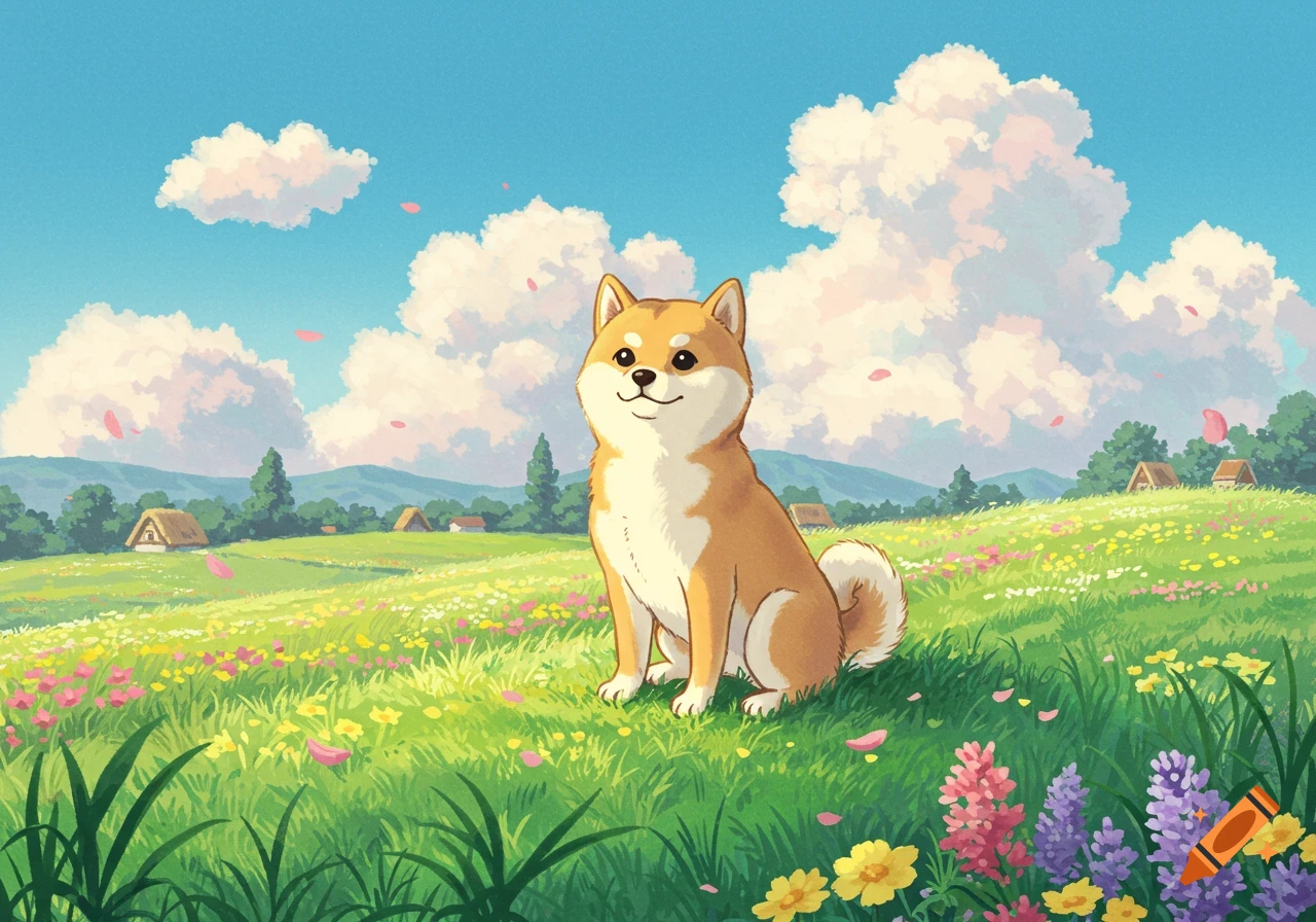 A cute Shiba Inu dog sits in a vibrant green meadow filled with wildflowers under a blue sky with fluffy clouds, in a Studio Ghibli animation style.