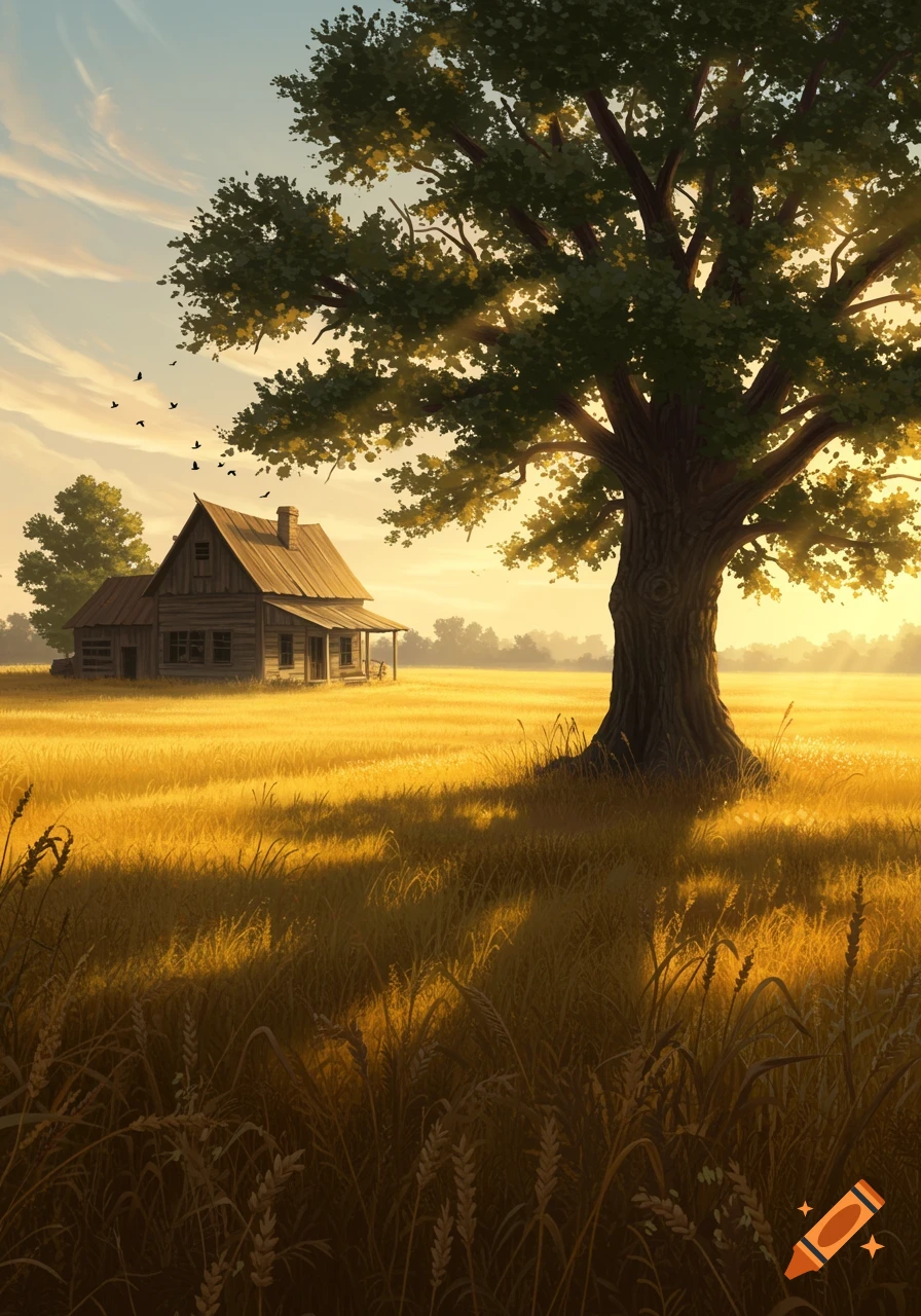 A picturesque landscape features an old wooden farmhouse nestled in a golden field under a large oak tree at sunset.