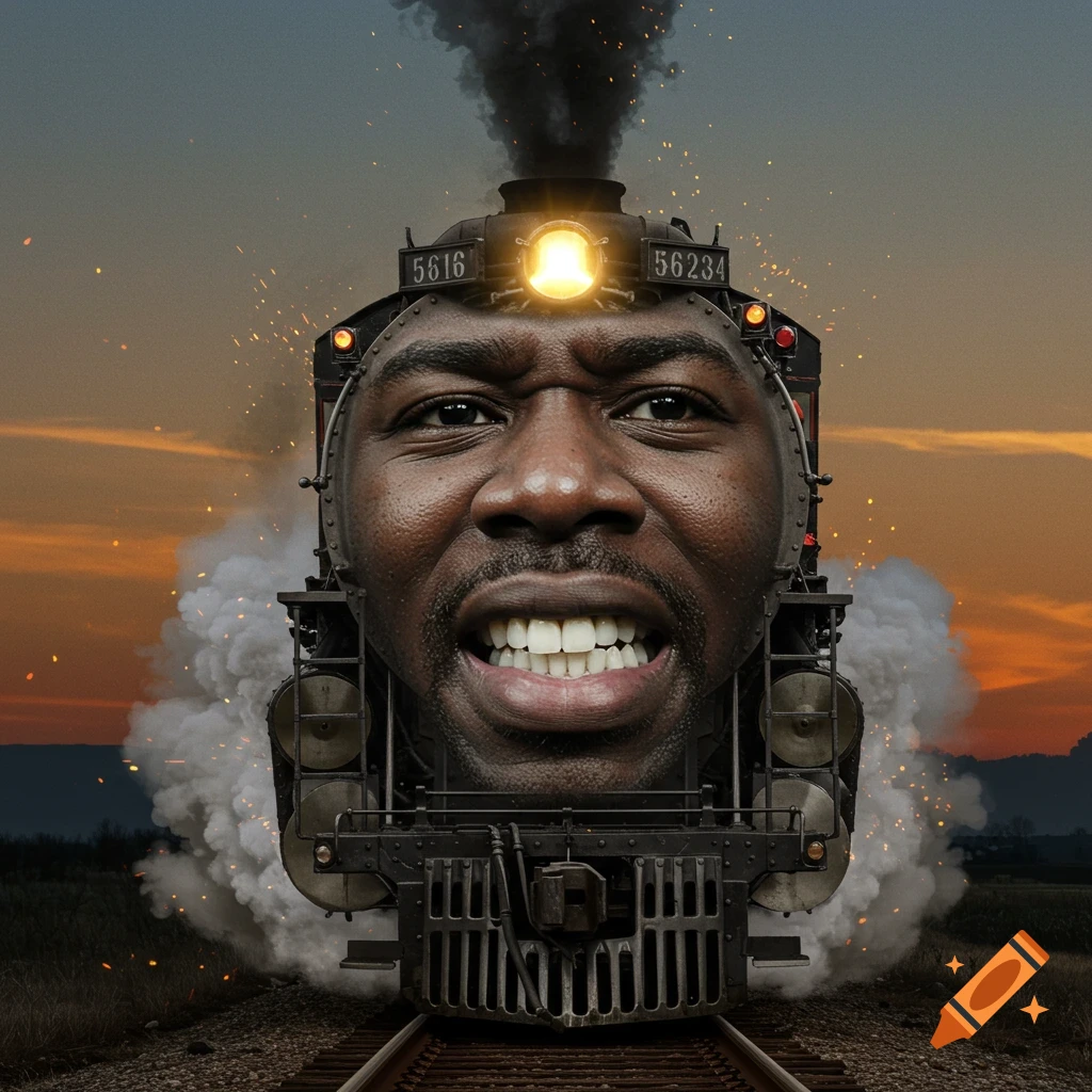 A Black man's grimacing face with prominent teeth forms the front of a steam locomotive, moving on tracks under a sunset sky with smoke and sparks.