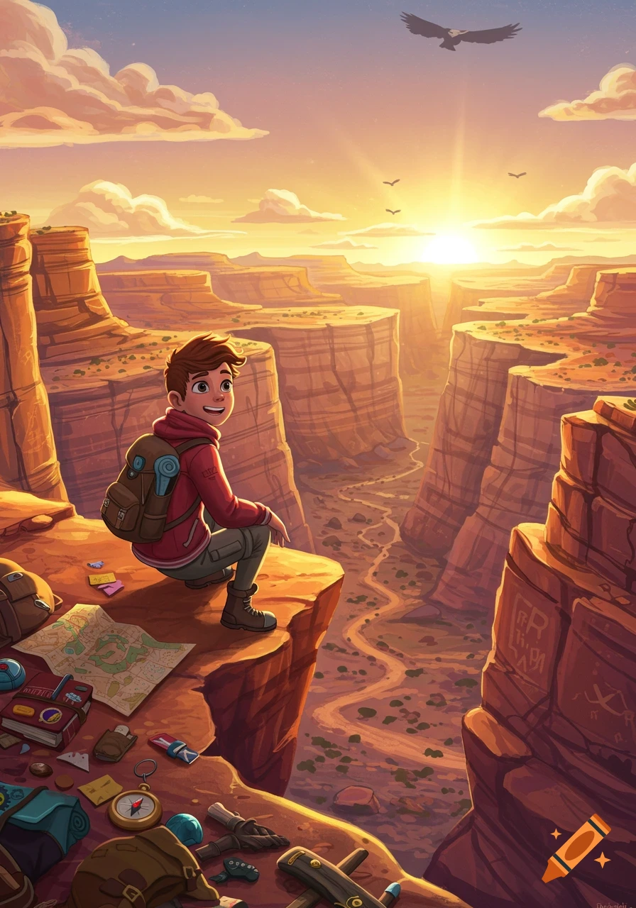 A smiling cartoon boy sits on a cliff overlooking a vast canyon at sunset, with a map and hiking gear beside him and birds flying overhead.