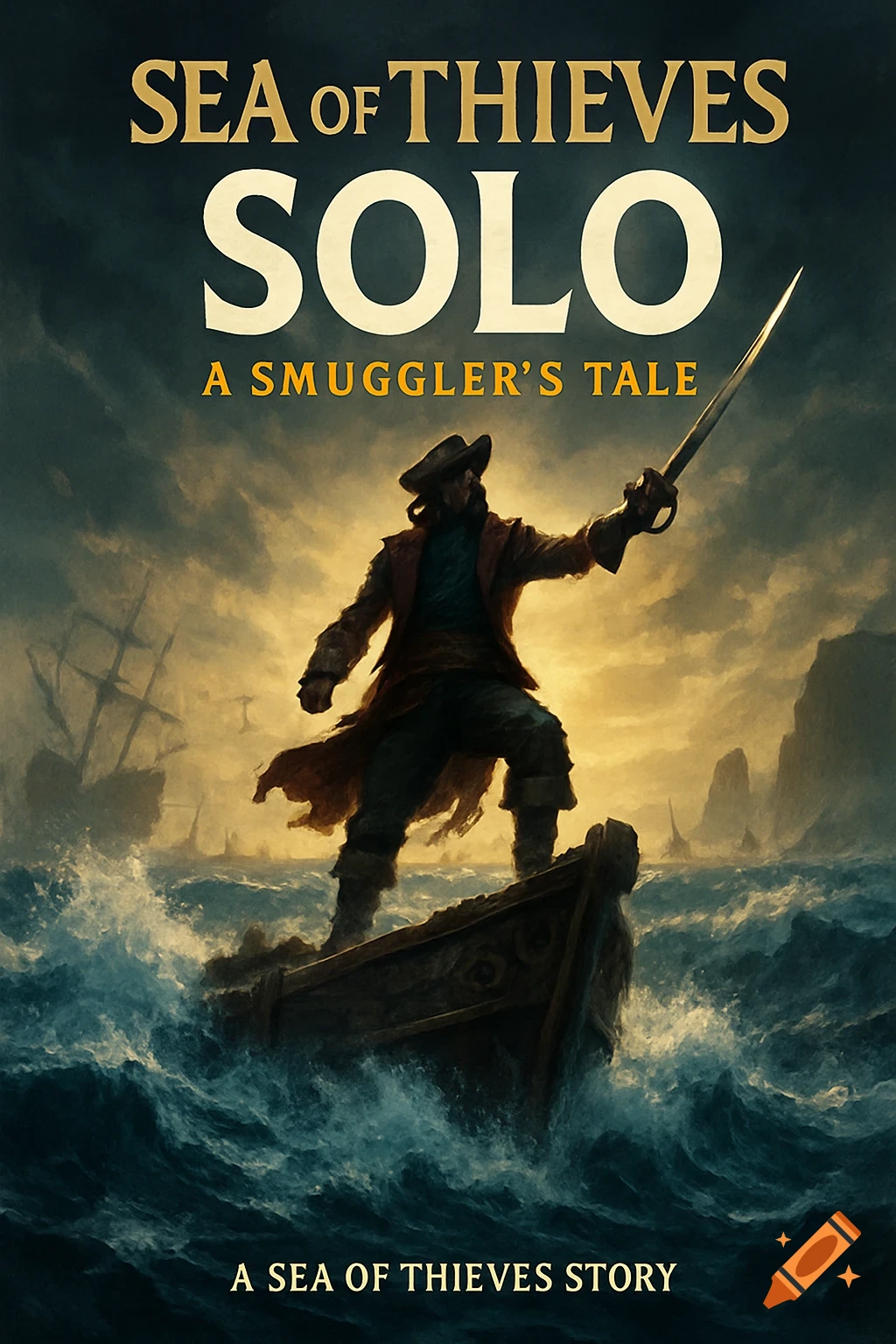 A dramatic movie poster for "Sea of Thieves Solo" featuring a pirate on a small boat in a stormy sea, with a ship in the background.