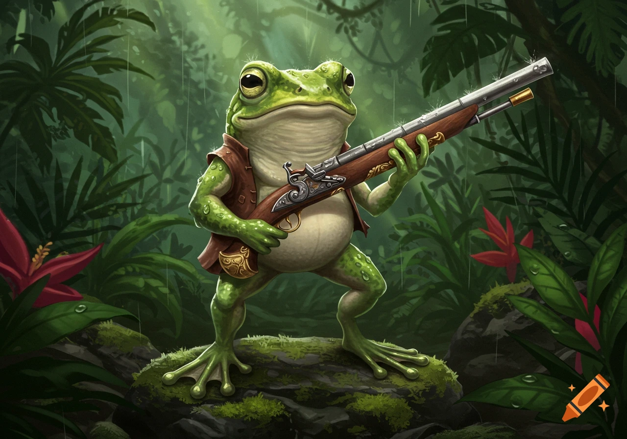 A cartoon-style frog wearing a vest stands in a rainforest, holding a rifle.