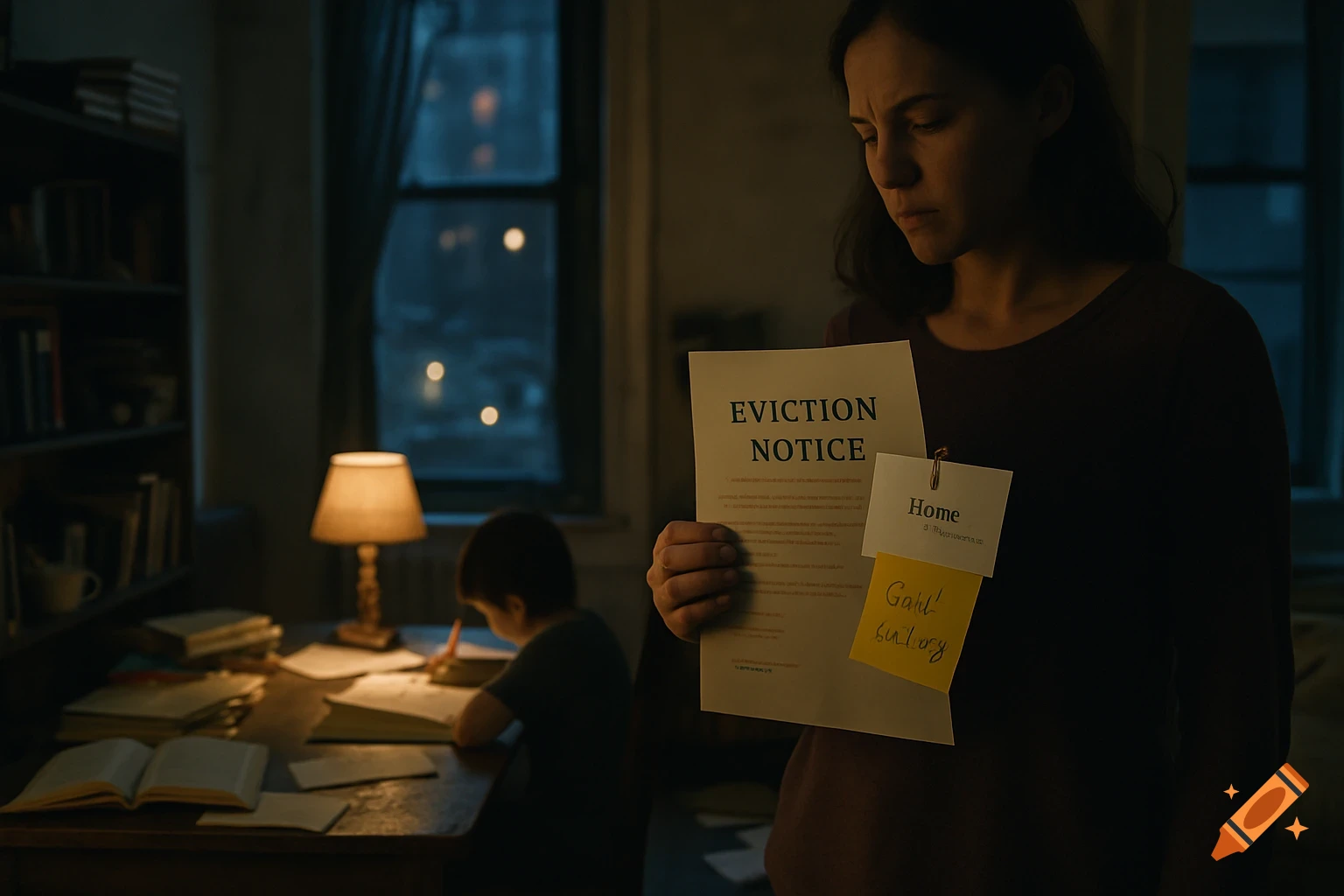 A mother sadly holds an eviction notice with smaller notes, while her child studies at a desk nearby in a dimly lit apartment, photorealistic style.
