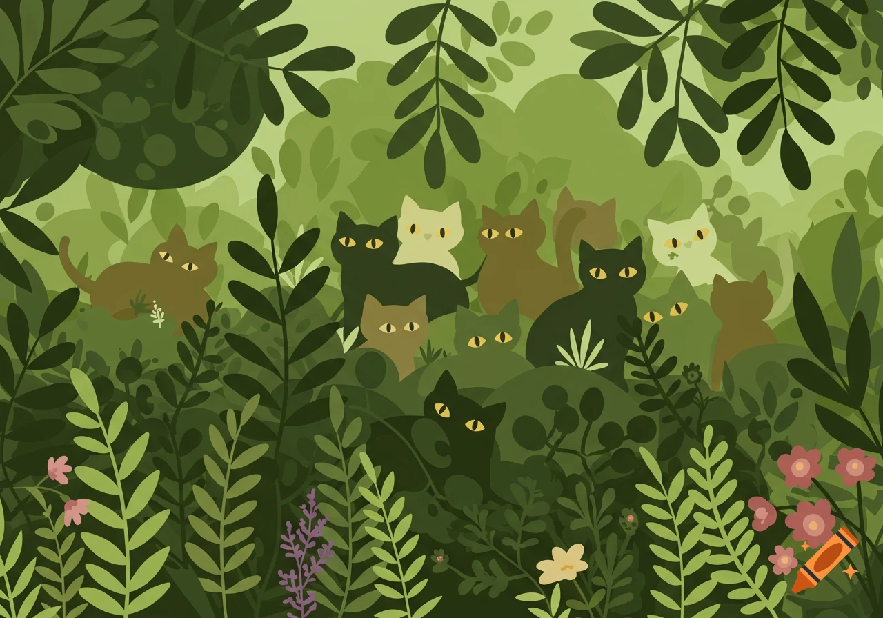 Stylized illustration of multiple hidden cats in a green, leafy garden with some small flowers.