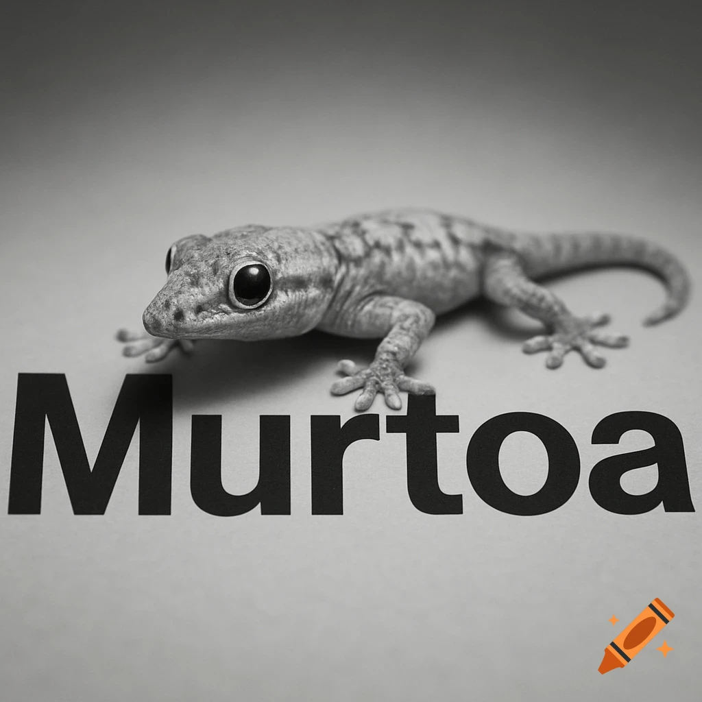 Close-up black and white photo of a baby gecko perched on the word 'Murtoa'.