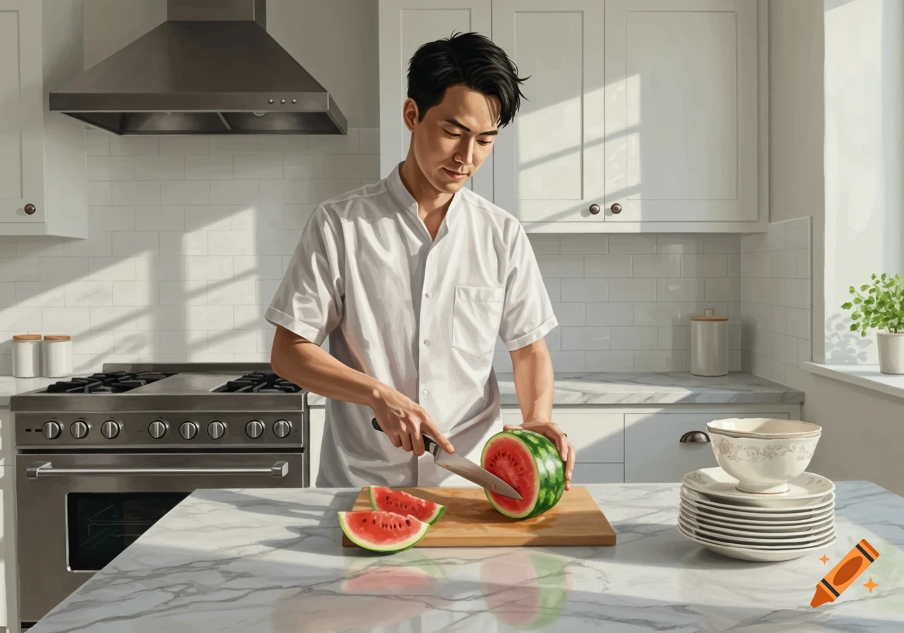 A man cutting a watermelon on a cutting board in a sunlit white kitchen.