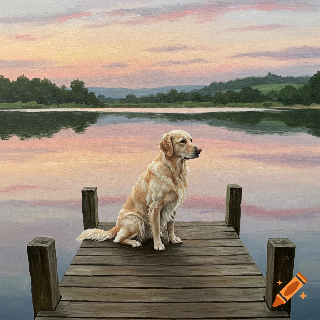 An impressionist painting of a golden retriever sitting on a wooden dock at sunset with a lake and hills in the background.