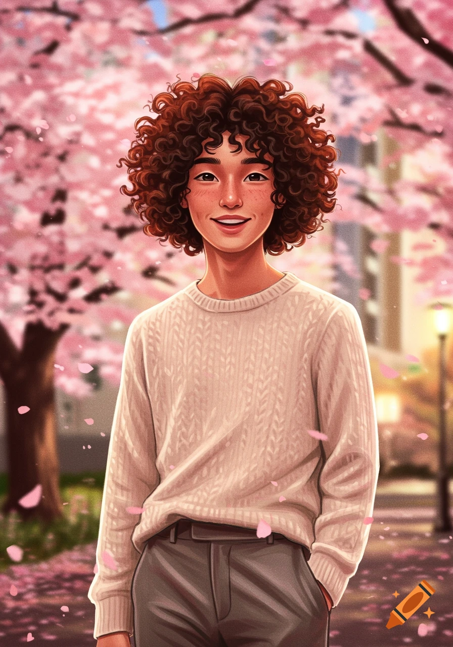 An illustration of a smiling person with curly brown hair and freckles, wearing a sweater, standing among pink cherry blossoms.