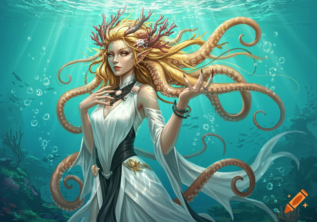 A beautiful blonde sea elf with octopus tentacles as hair and coral nails, wearing a white and black dress, stands underwater among bubbles and fish.