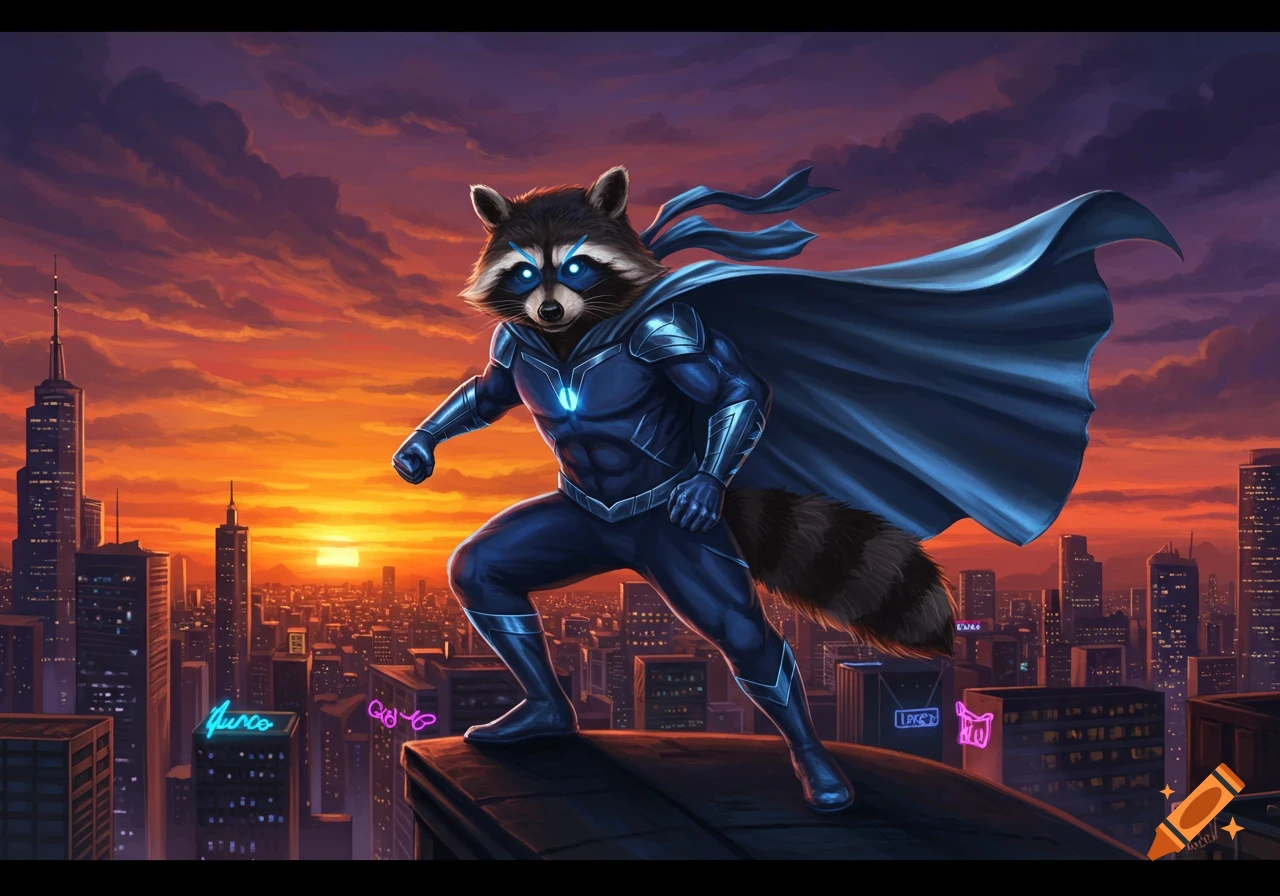 A raccoon superhero in a blue suit and cape stands poised on a city rooftop at sunset, with glowing blue eyes and a chest emblem.