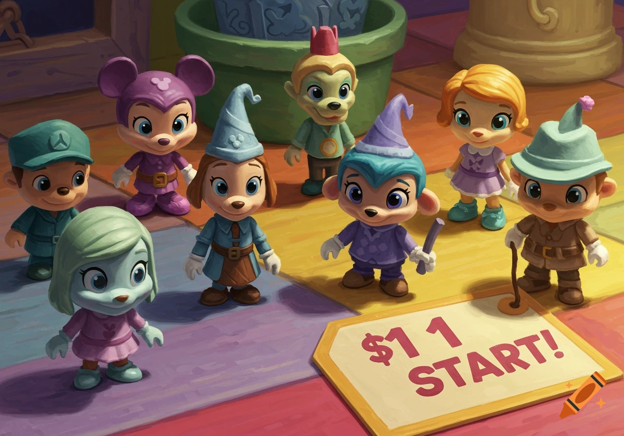 A group of cartoonish toy figures resembling Disney characters stand on a colorful patterned floor next to a sign that says "$1 1 START!".