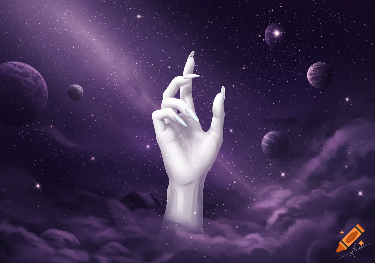 A white hand with long nails reaching up from purple clouds into a starry purple galaxy with planets.