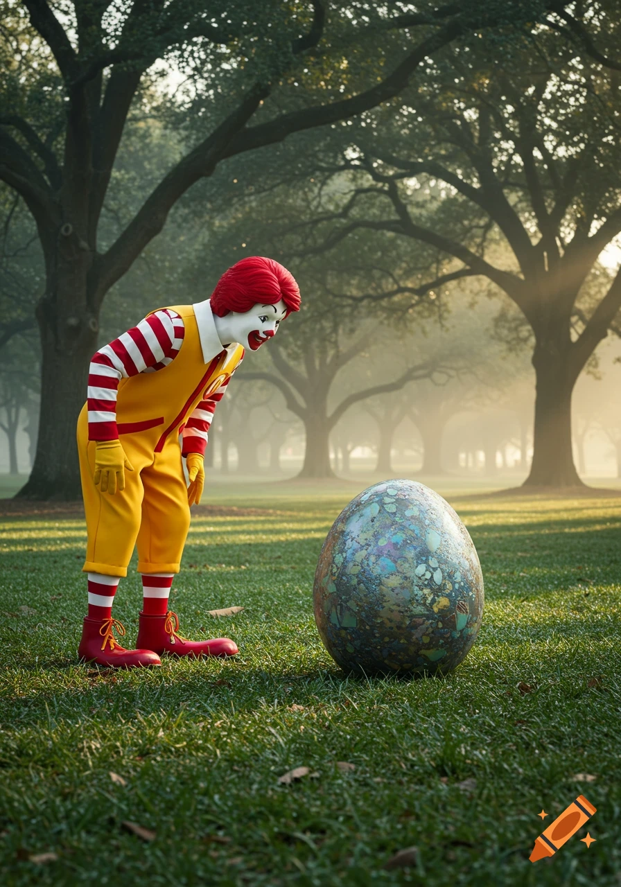 Photorealistic image of Ronald McDonald leaning over and looking curiously at a large, intricately patterned egg in a misty, tree-filled park.
