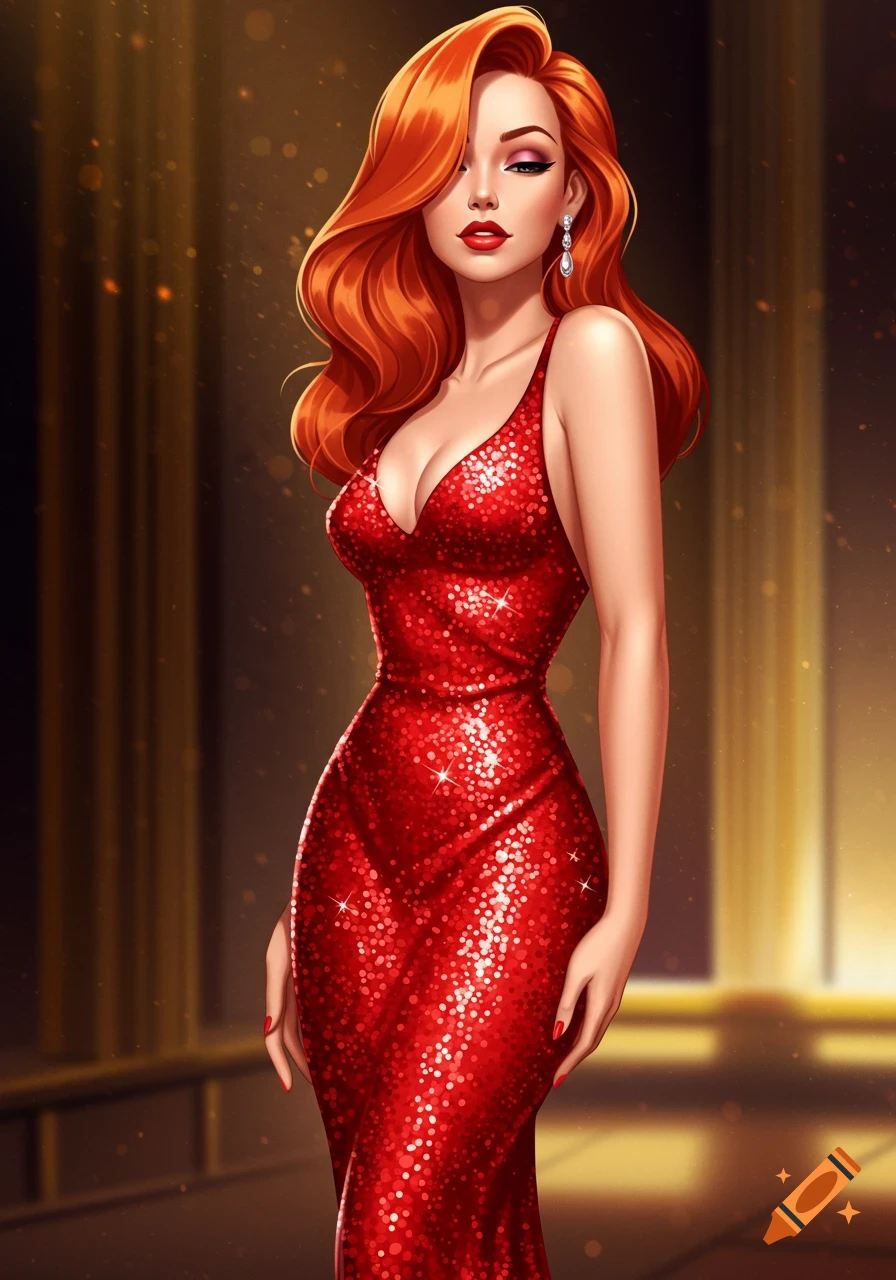 Glamorous cartoon woman with long red hair in a sparkling red evening gown, vintage animation style.