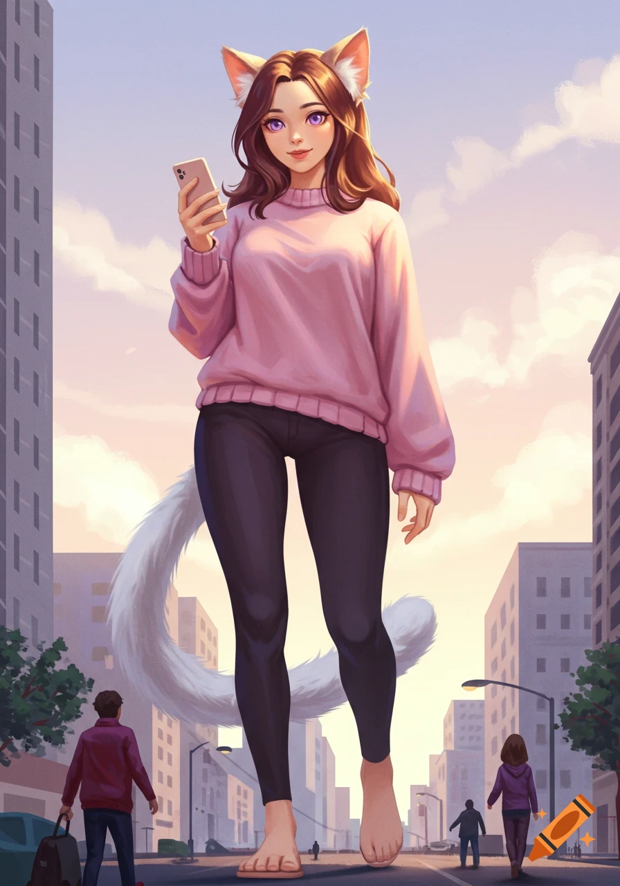 Illustrated giantess with cat ears and a white tail, wearing a pink sweater and black pants, holding a phone on a city street.