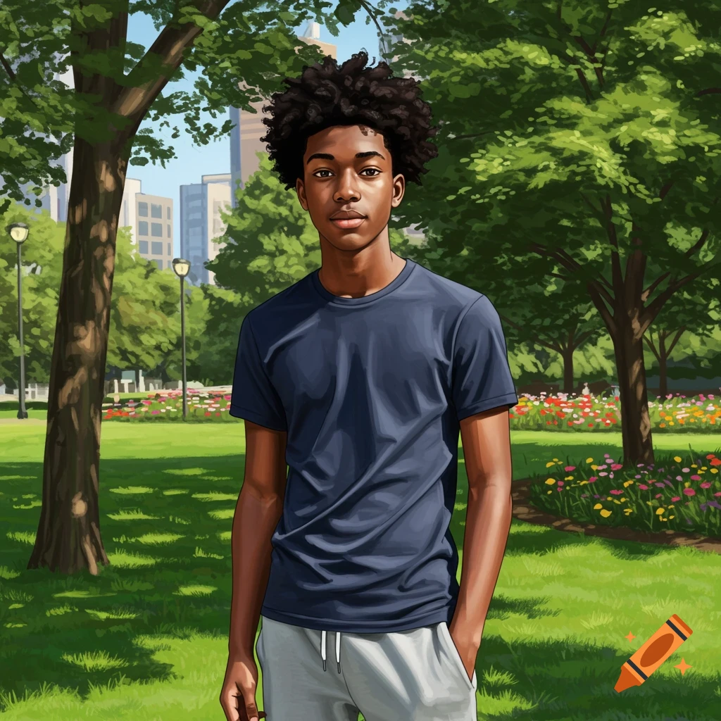 An illustrative portrait of an African teen male with curly hair, standing in a sunny park with trees and city buildings in the background.