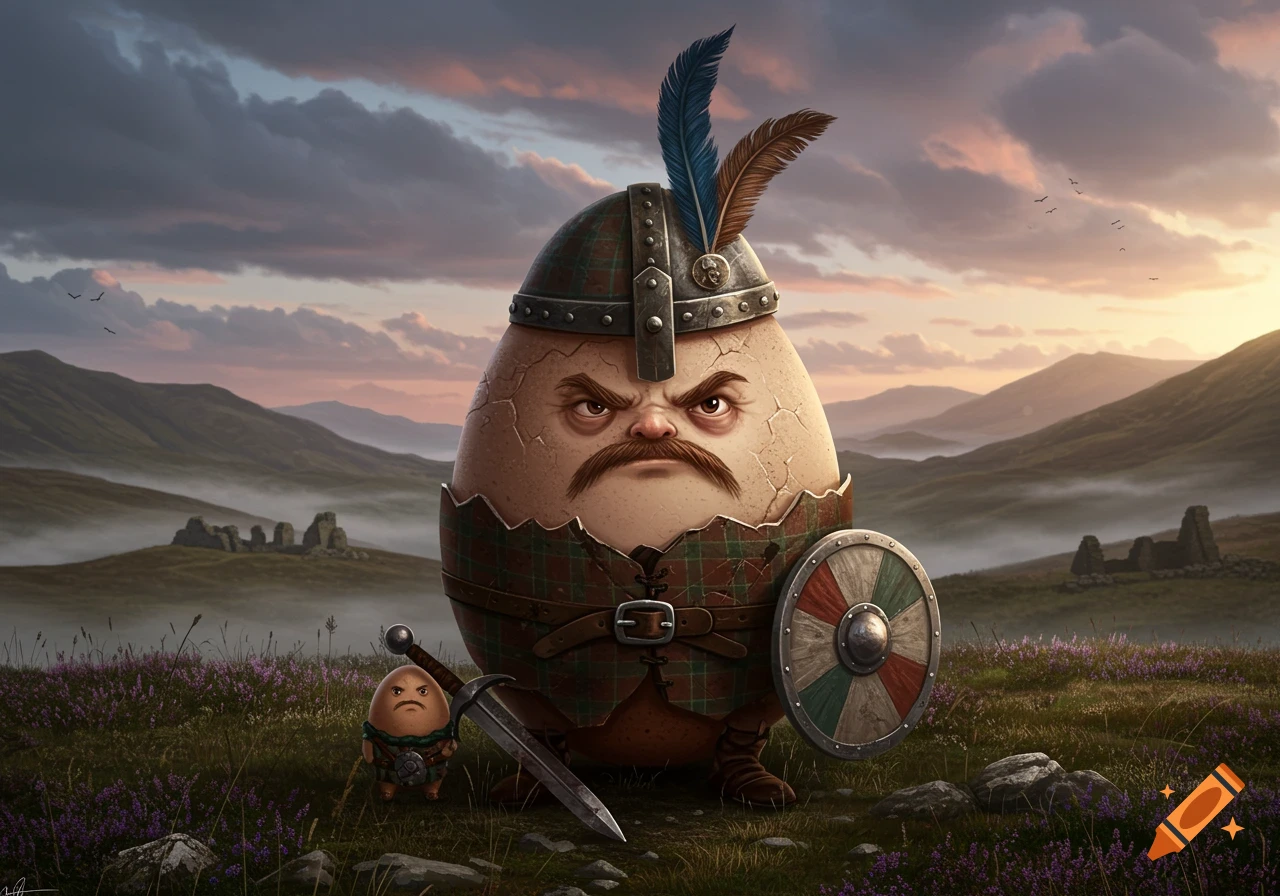 A stern, armored egg warrior with a mustache and helmet stands on a grassy hill with a sword and shield, overlooking misty Scottish Highlands at sunset.