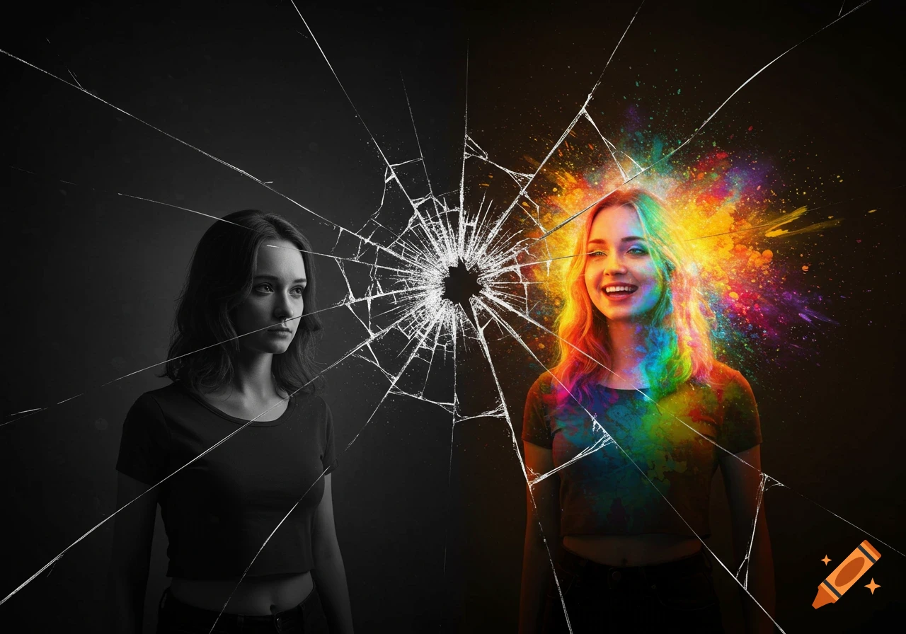 A woman's face split by a broken mirror; one side is sad and grayscale, the other is happy and colorful.