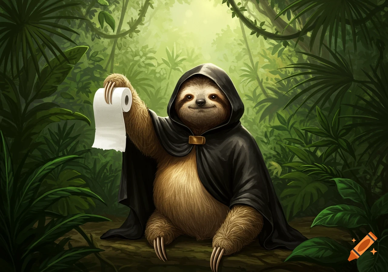An anthropomorphic sloth wearing a black hooded cloak sits in a jungle, holding up a roll of toilet paper.