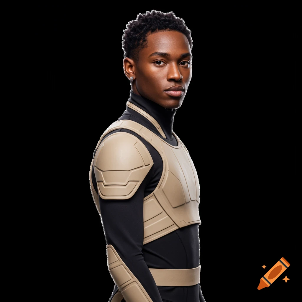 Photorealistic portrait of a young Black man in a black turtleneck and tan futuristic armor.