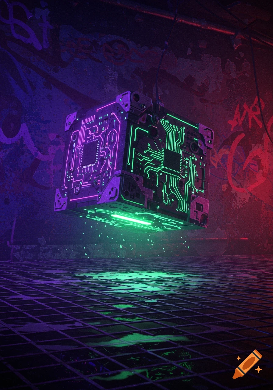 A glowing, levitating cube with neon green and purple circuit board patterns in a dark, graffiti-covered cyberpunk setting.