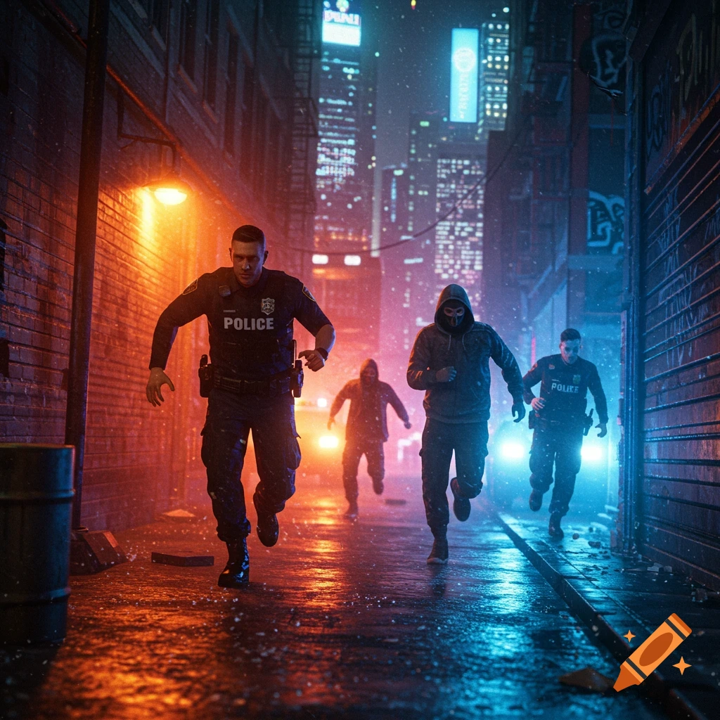 Photorealistic image of police officers and hooded figures running through a neon-lit, rainy city alley at night.