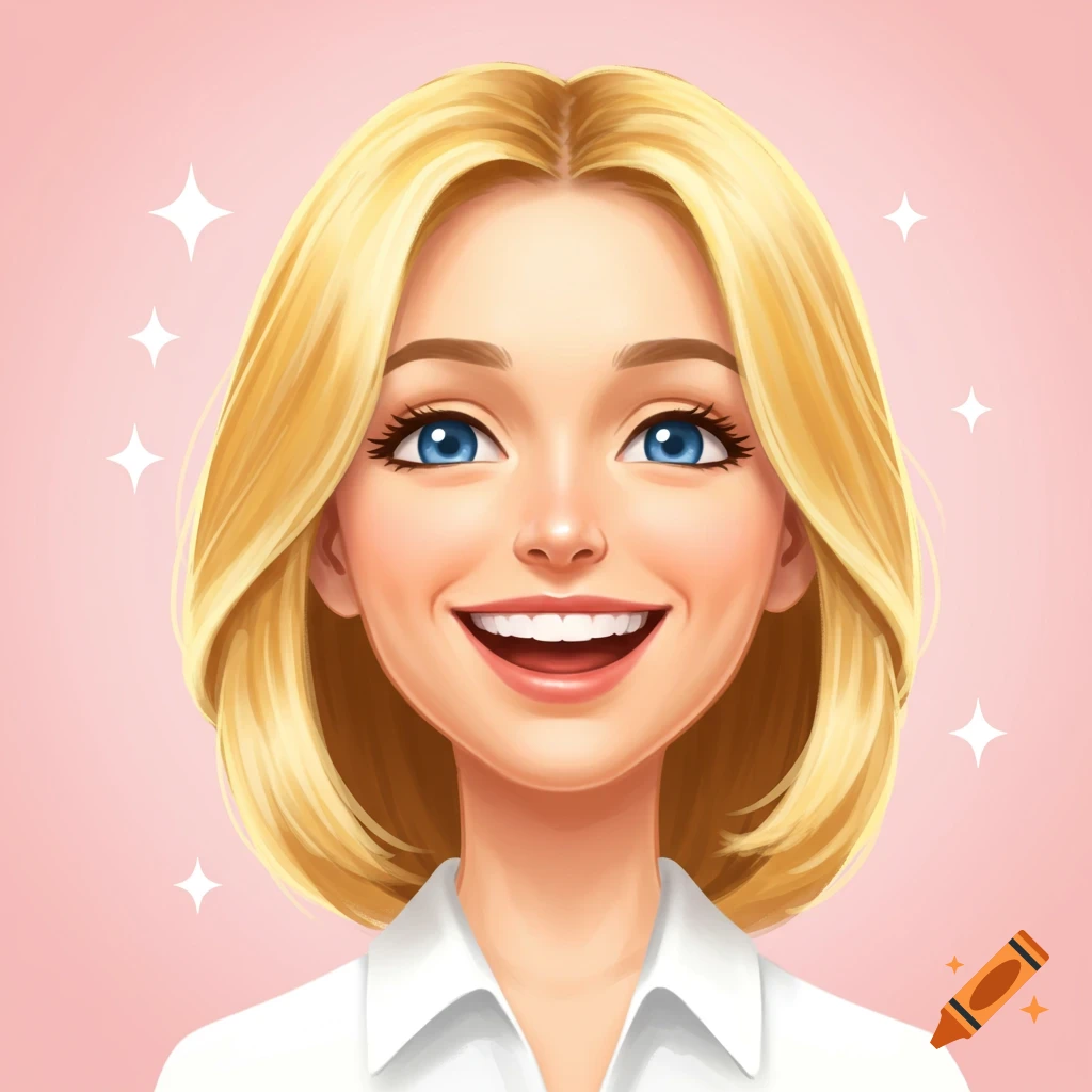 Cartoon portrait of a happy blonde woman with blue eyes in a white shirt, on a pink background with sparkles.