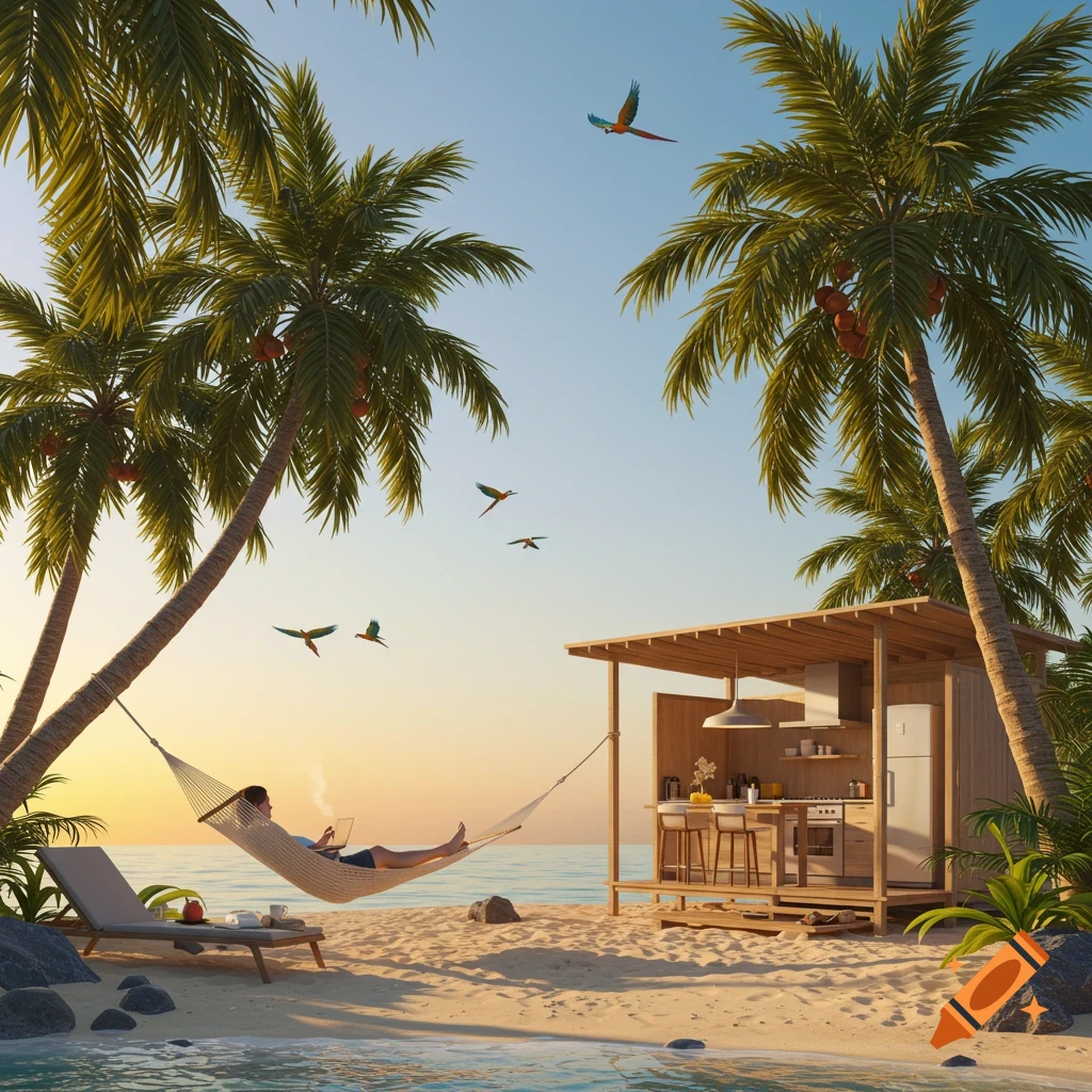 A person works on a laptop in a hammock on a sunny tropical beach with palm trees, a small hut, and the ocean. Photorealistic.