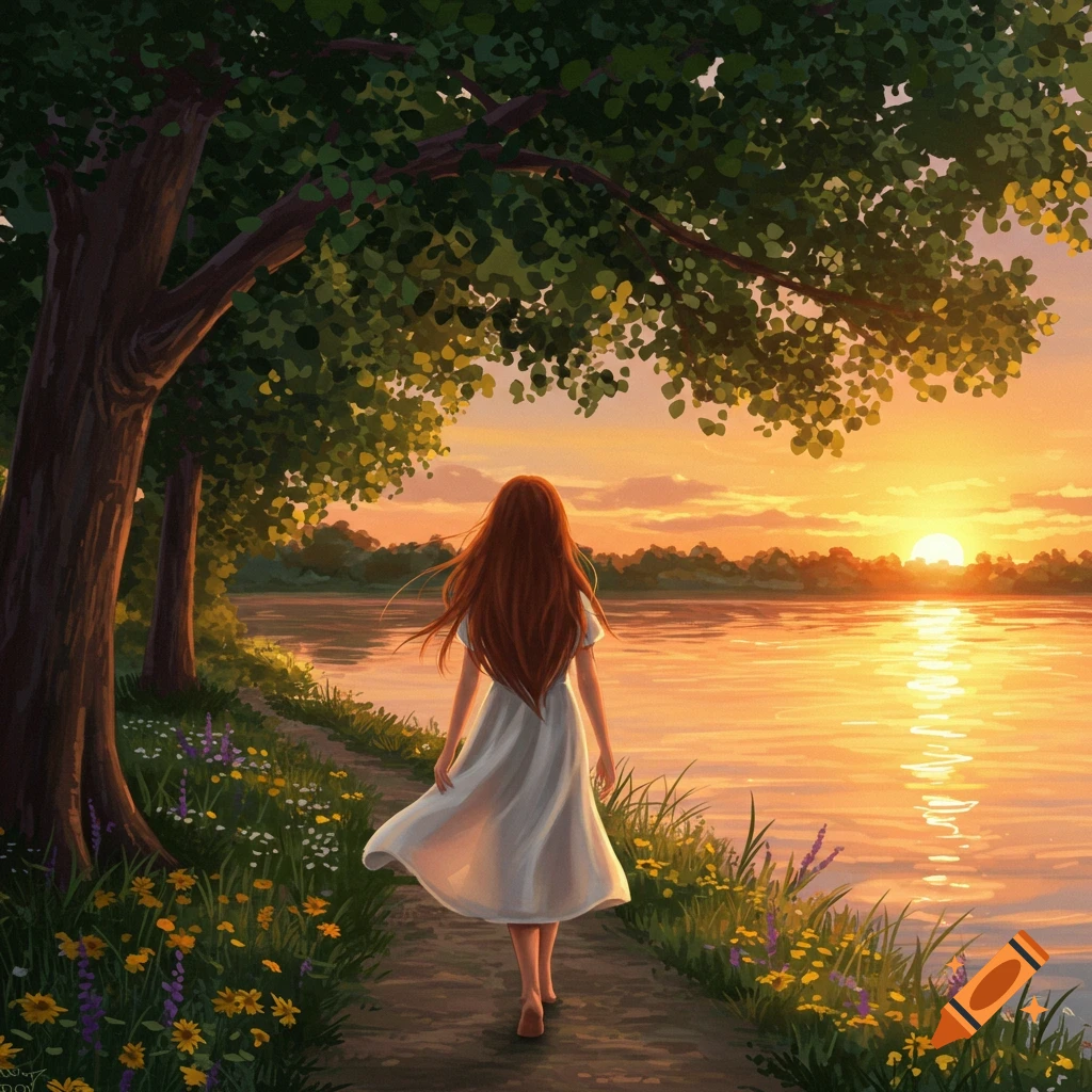 A red-haired girl in a white dress walks along a path beside a lake at sunset, surrounded by trees and wildflowers in a painterly style.