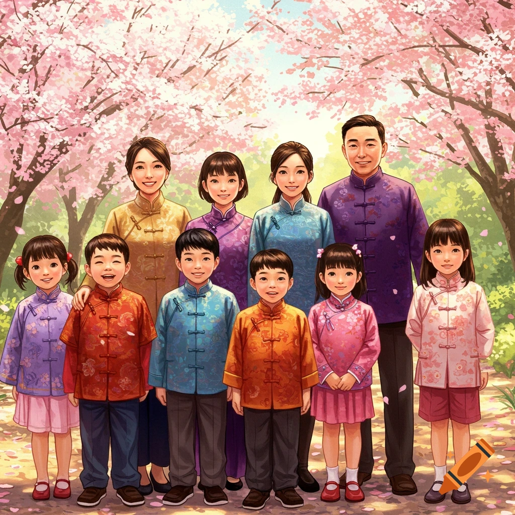 A Chinese family of nine, including parents and seven children, pose outdoors under blooming cherry blossom trees. They are wearing colorful traditional clothing.