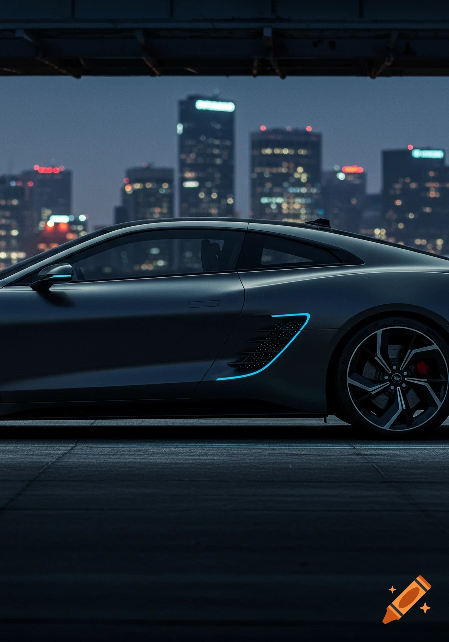 A dark, futuristic sports car with blue accents parked under a structure, with a city skyline at dusk in the background.