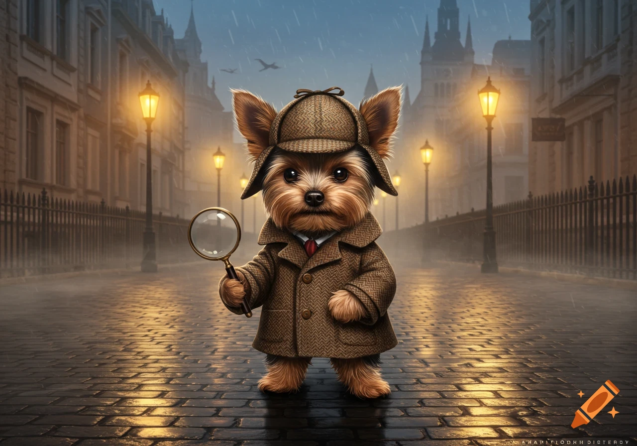A cute Yorkshire Terrier dog dressed as a detective with a trench coat and deerstalker hat, holding a magnifying glass, on a rainy city street at night.