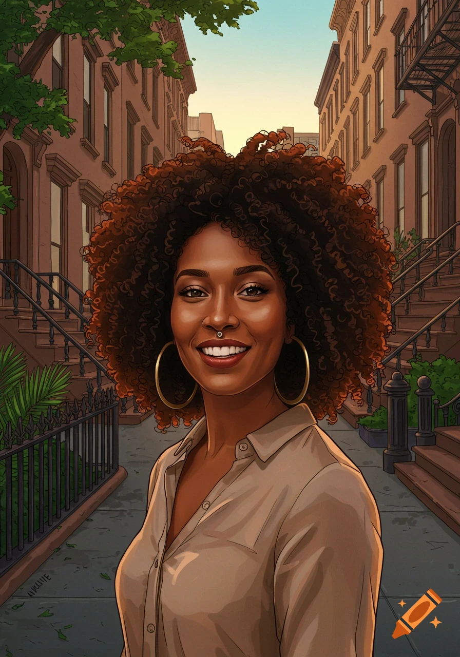 An illustrated portrait of a smiling Black woman with curly hair and hoop earrings, standing on a city street with brownstone buildings.
