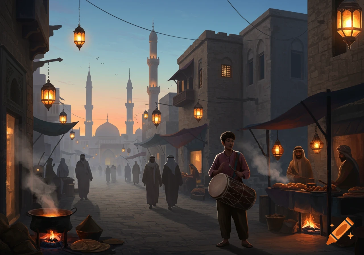 An illustrated Middle Eastern street market at dusk, with a boy playing a drum, people walking, and vendors selling food by lantern light, with mosques in the background.