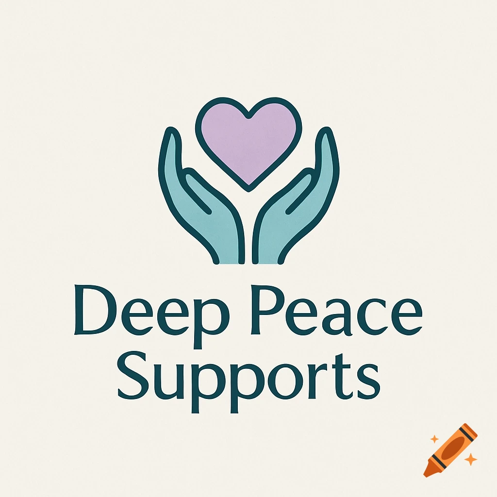 A minimalist logo featuring two hands cradling a heart above the text 'Deep Peace Supports'.