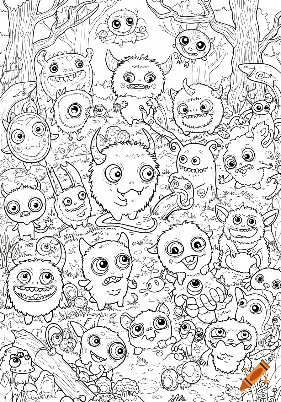 A black and white coloring page filled with various cute, whimsical monsters in a forest setting.