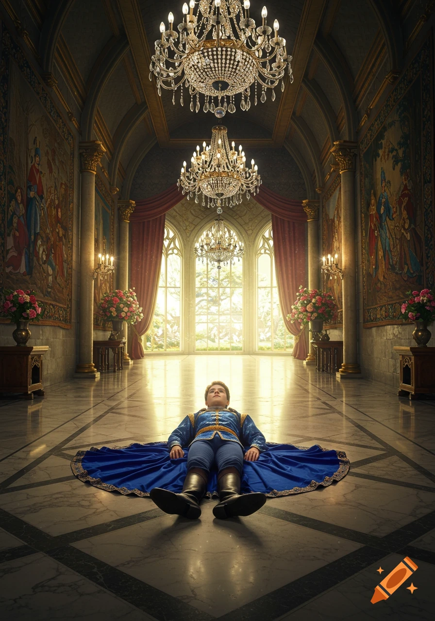 A young prince lies on a blue cape on the marble floor of a grand castle hall with chandeliers and large windows.