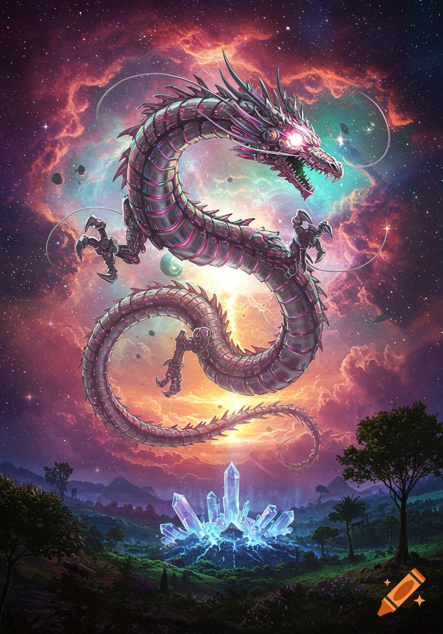 A metallic dragon with glowing eyes soars through a colorful nebula and starry sky above a landscape with glowing crystals.