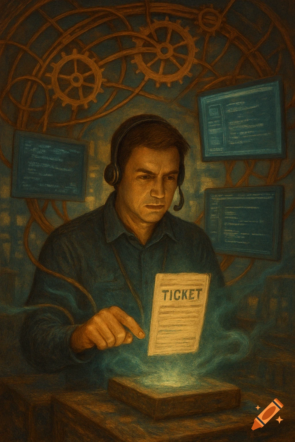 A man with a headset intently views a glowing 'TICKET' document, surrounded by computer screens and mechanical gears in a detailed, dark illustration.