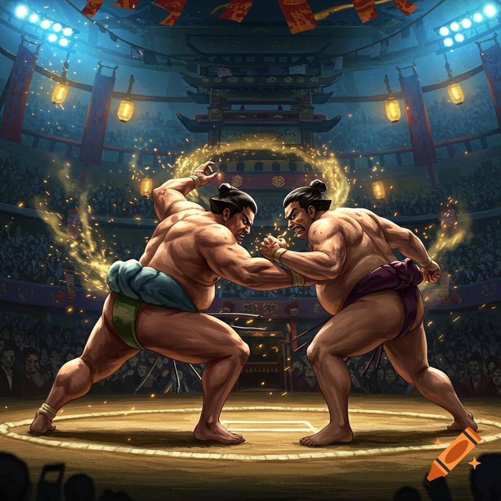 Two muscular sumo wrestlers fiercely grapple in a ring inside a stadium with cheering crowds, in an anime style.