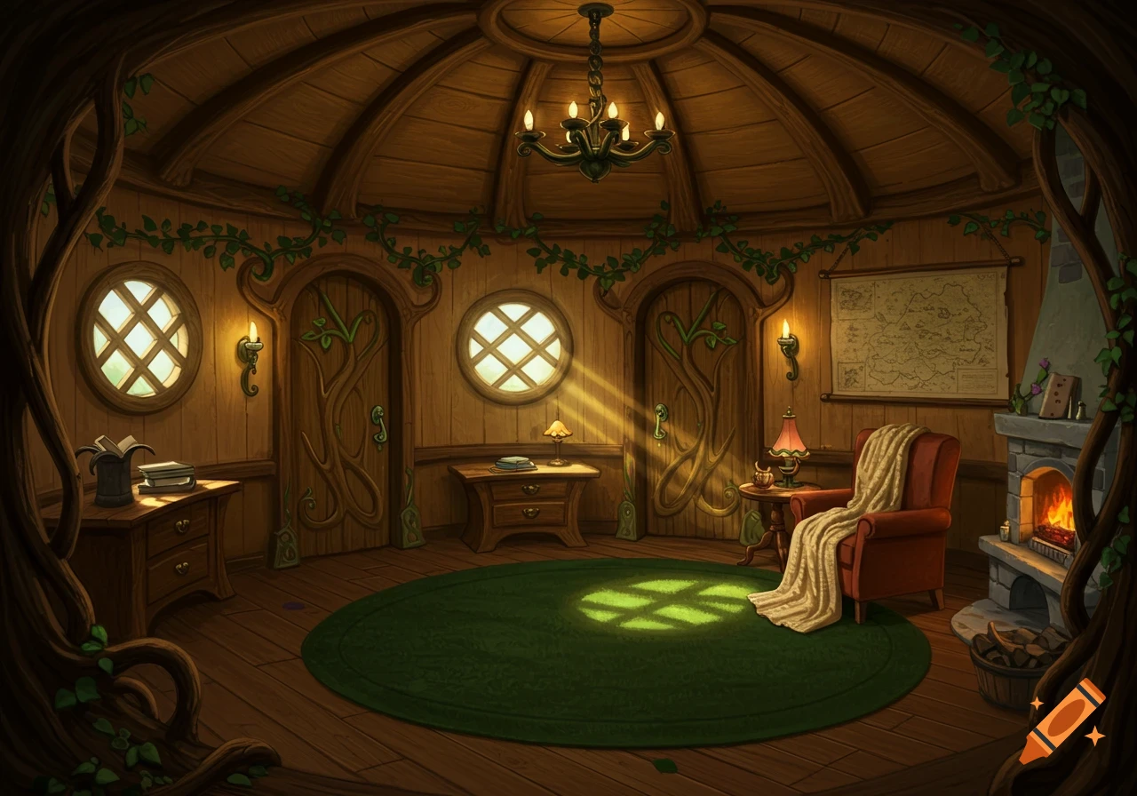 A detailed, illustrative depiction of a cozy, rounded fantasy room with wooden walls, a fireplace, a red armchair with a blanket, a chandelier, and a map on the wall.