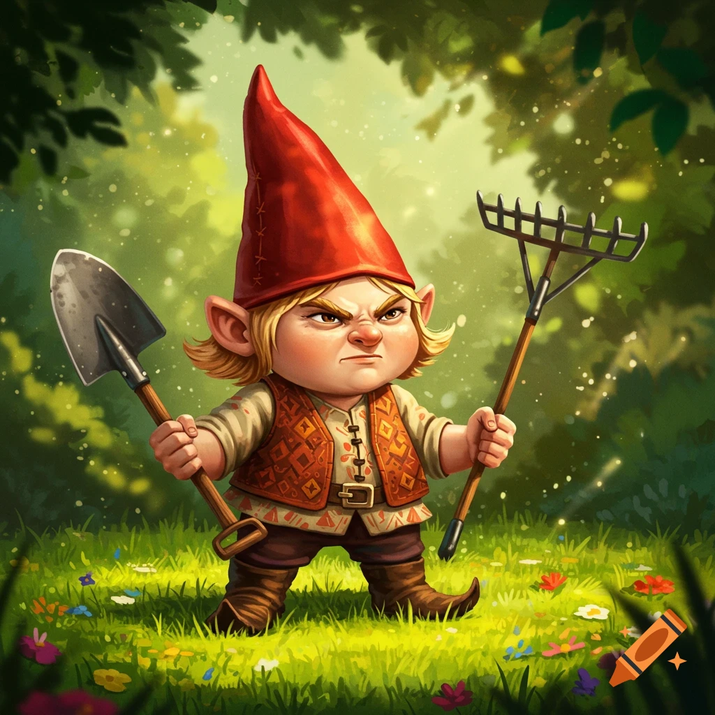 A cartoon garden gnome with an angry expression, wearing a red hat, holding a shovel and a rake in a sunny, green garden.