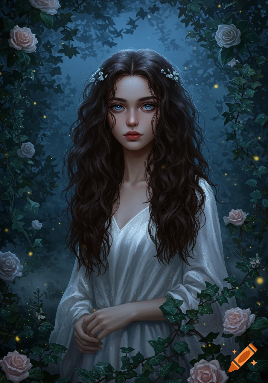 Realistic illustration of a young woman with dark curly hair and blue eyes, in a white dress, surrounded by ivy and pink roses in a dark, moody garden.