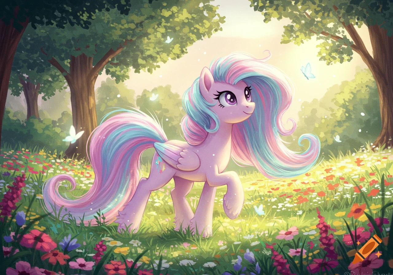 A pink My Little Pony-style pegasus with long, multi-colored hair stands in a sunny, flower-filled meadow.